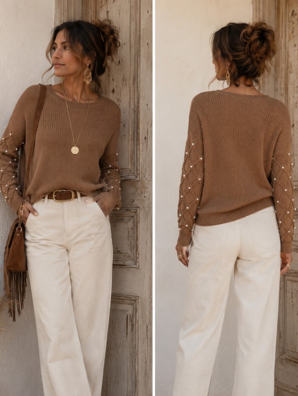 Brown Sweater Size M | Pearl Accents | Emery Rose